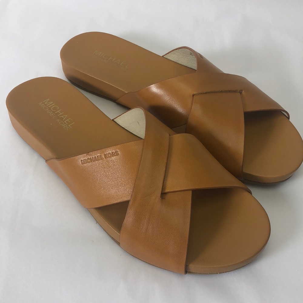 Michael Kors Somerly Slide Leather Peanut New